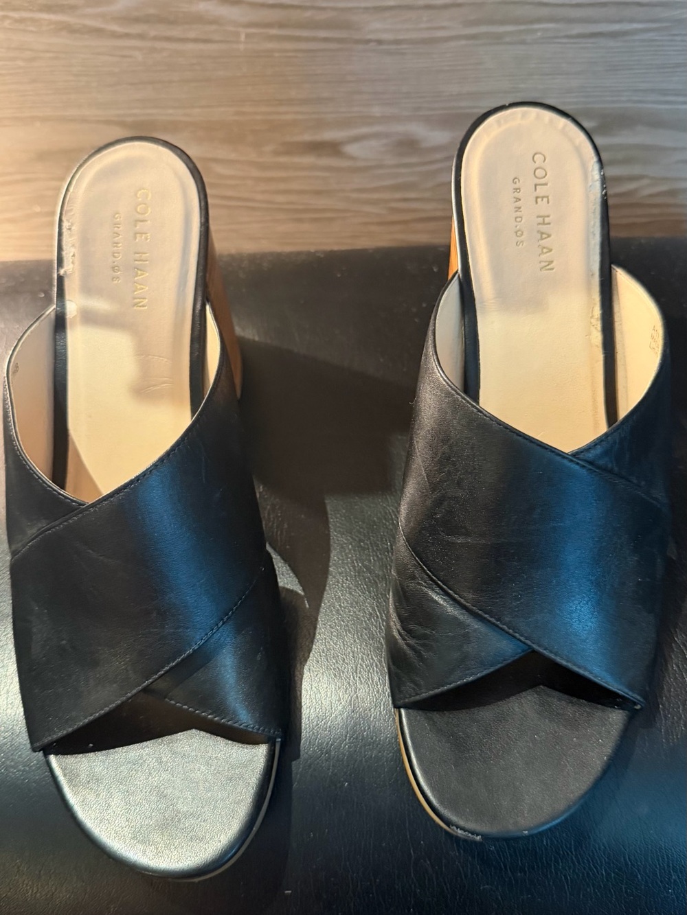 Cole Haan Black Leather Crossover Mule Slides